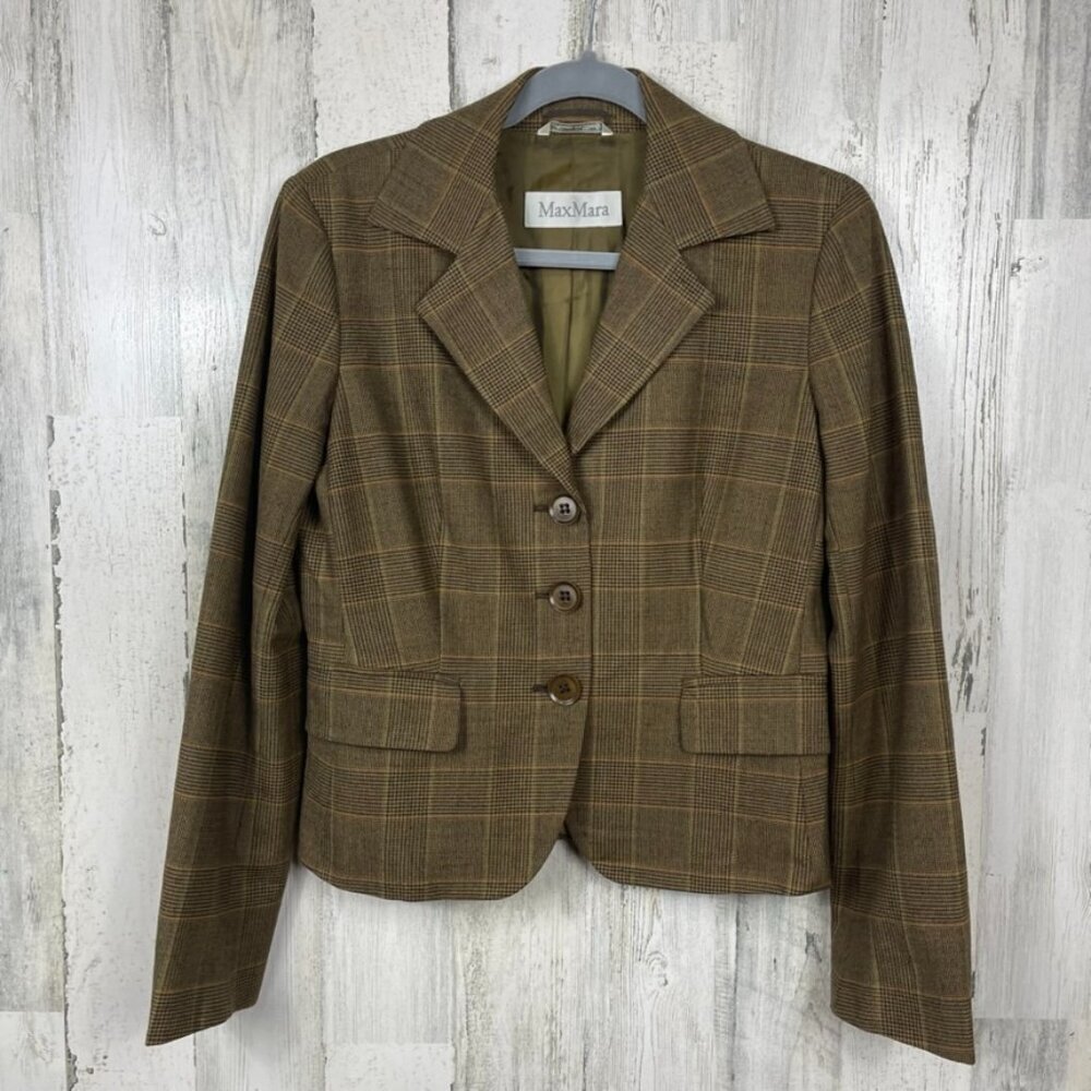 Max Mara plaid wool blazer jacket brown 8 academia preppy classic upscale office